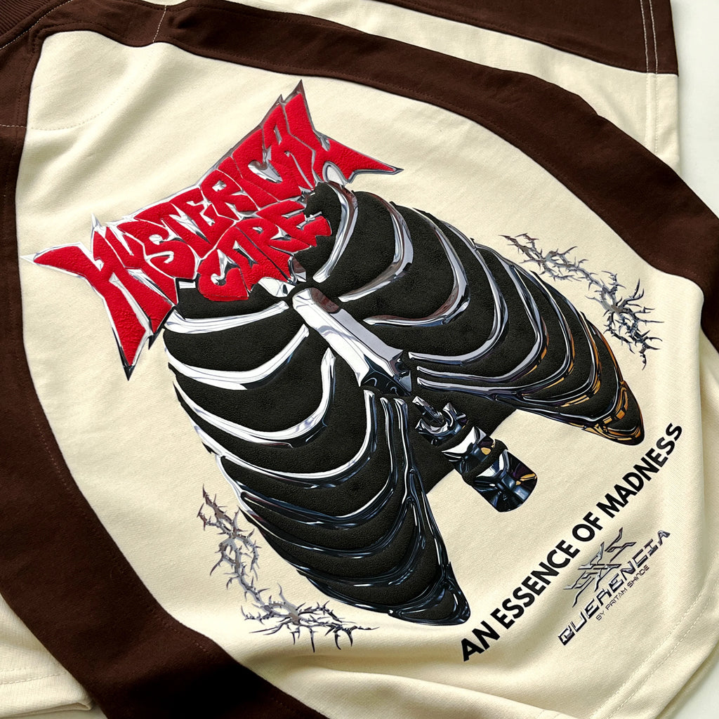 Close-up of RUST CORE — ENTITY 06 graphic print on premium cotton streetwear t-shirt