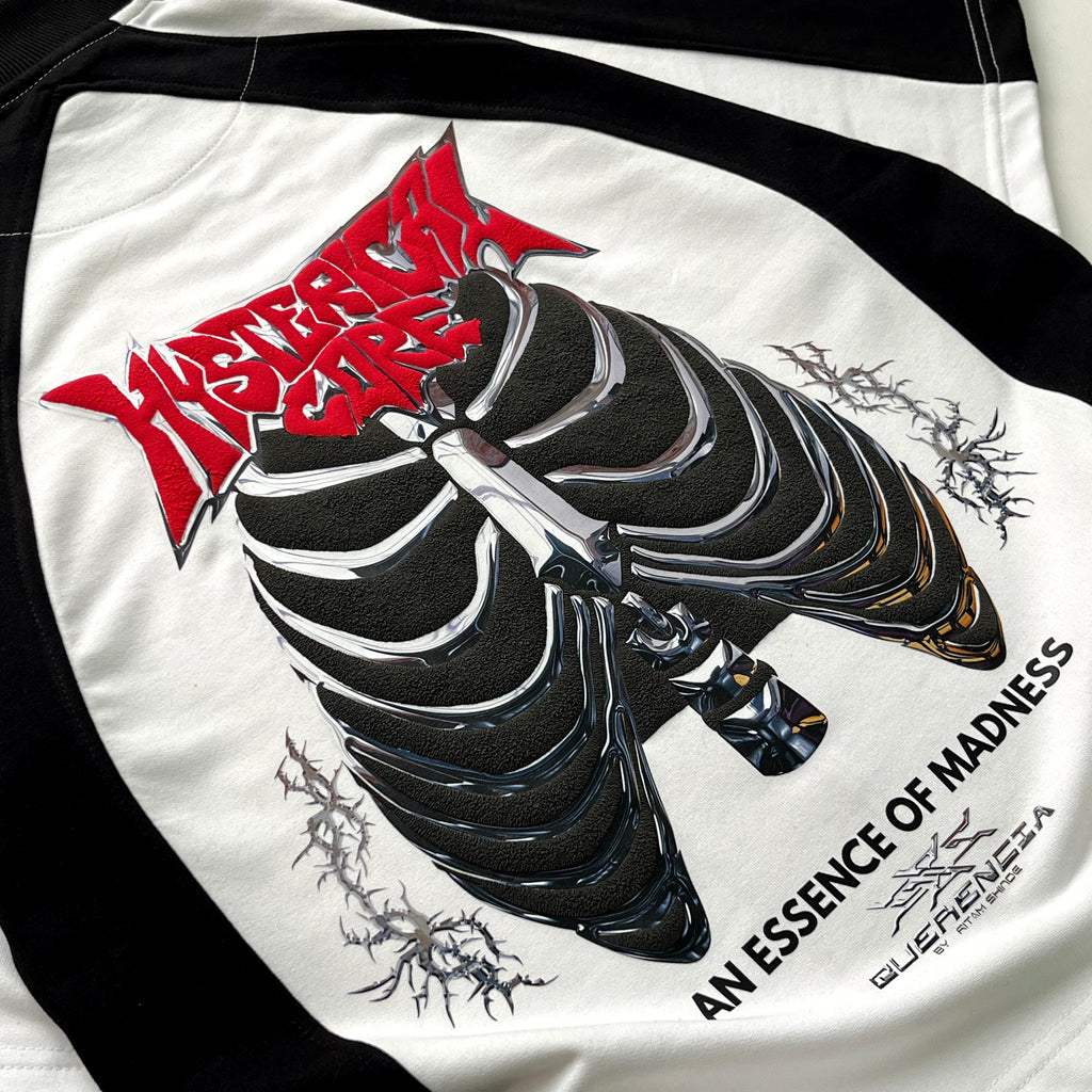 Close-up detail of VOID CORE — ENTITY 05 ribcage print on premium cotton streetwear t-shirt